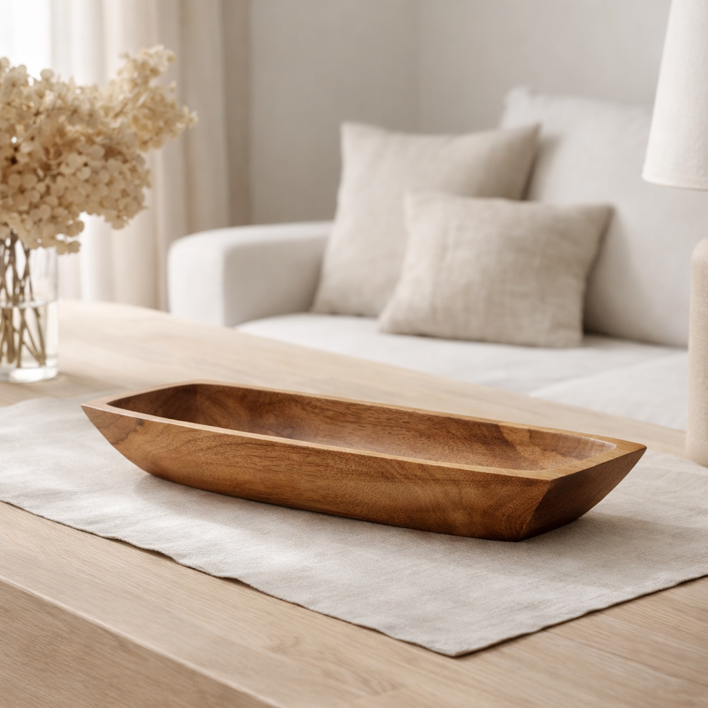 Bol en teck 45x13cm en forme de bateau Produit naturel unique en teck massif en situation