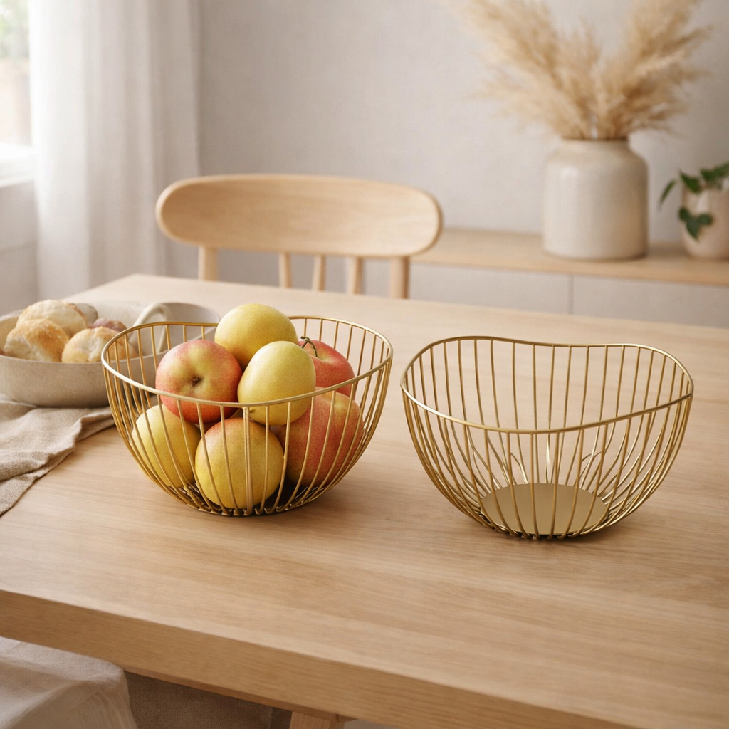 Panier de fruits Métal Ø 25 h 14 cm Panier à pain Ensemble 2 morceaux Bol de fruits Metal Noir ou or Round Wave en situation