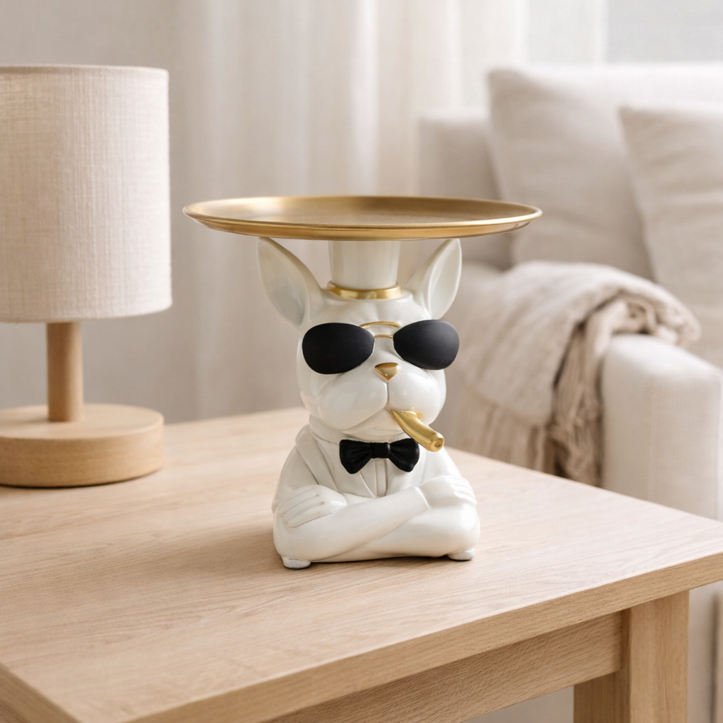 Bouledogue en polyrésine blanc avec plateau en situation