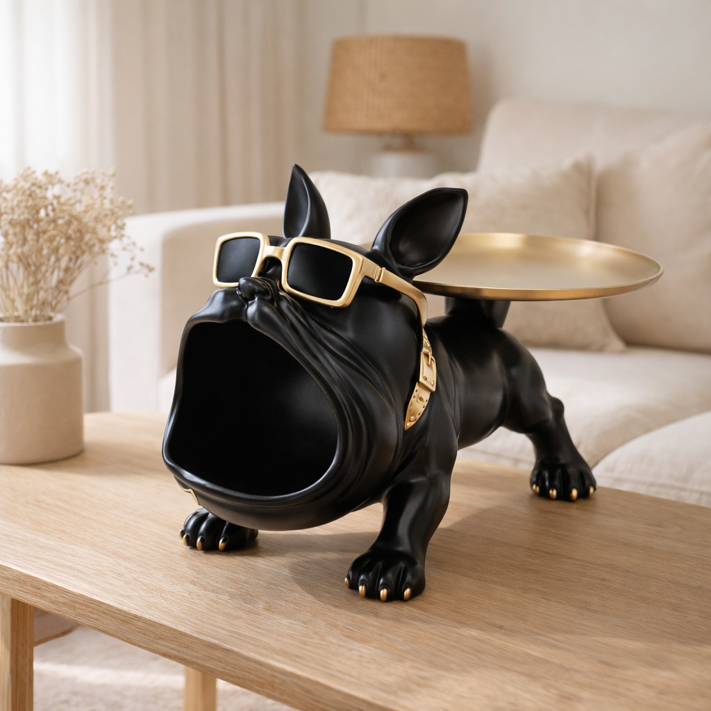 Bouledogue en polyrésine noir avec plateau en situation
