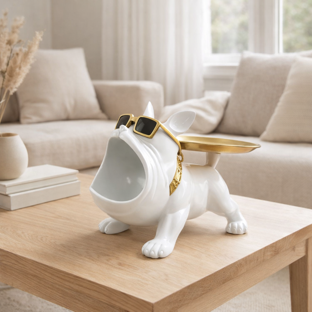 Bouledogue en polyrésine blanc avec plateau en situation