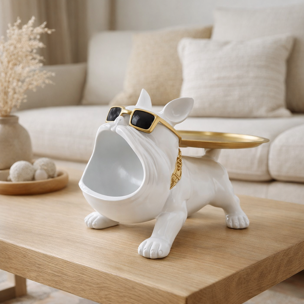 Bouledogue en polyrésine blanc avec plateau en situation