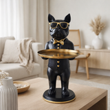 Bouledogue en polyrésine noir avec plateau en situation