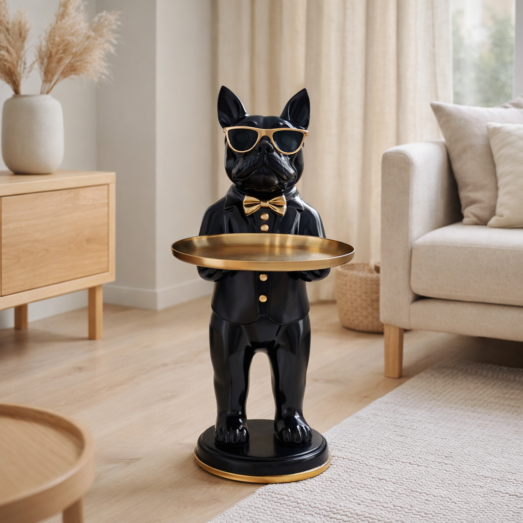 Bouledogue en polyrésine noir avec plateau en situation