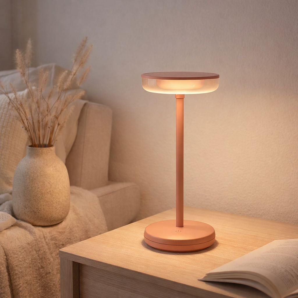 «Pasi» de tablette sans fil pour l'extérieur et à l'intérieur, en métal et en plastique en rose, dimmable, avec une fonction tactile et mémoire, environ. 26 cm de haut en situation