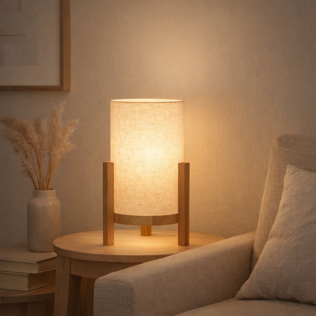Lampe ackitique Matilda 32 cm de haut, en blanc / nature, avec LED intégrée, dimmable avec capteur tactile en situation