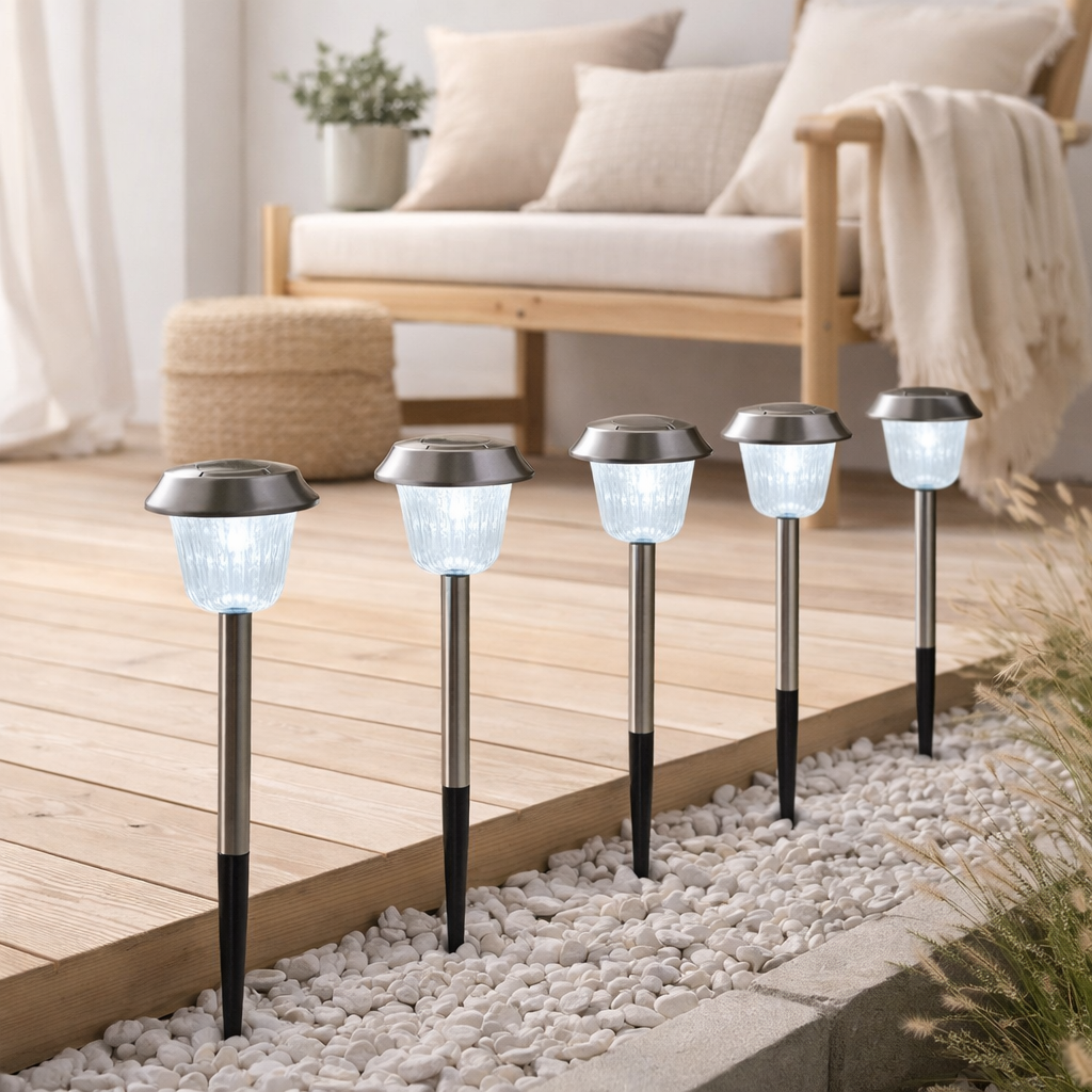 6 Set LED LED Light Light Gustav avec broche moulue, acier inoxydable et acrylique, avec des LED fermement construites en blanc froid, 39 cm de haut en situation