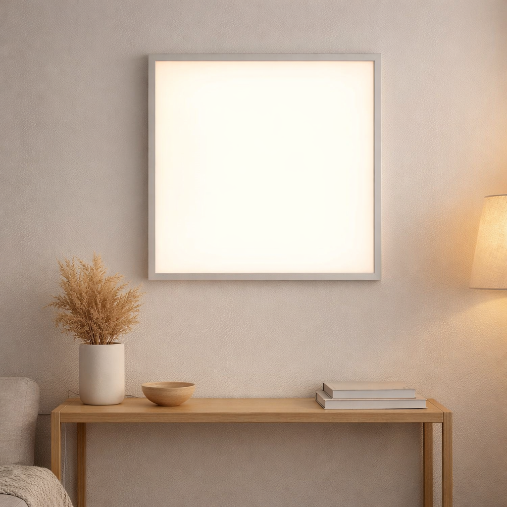 Panneau d'assemblage LED Nicola, lampe de montage en métal et en plastique avec des LED fermement construites en blanc neutre, panneau pour l'intérieur 45 x 45 cm en situation