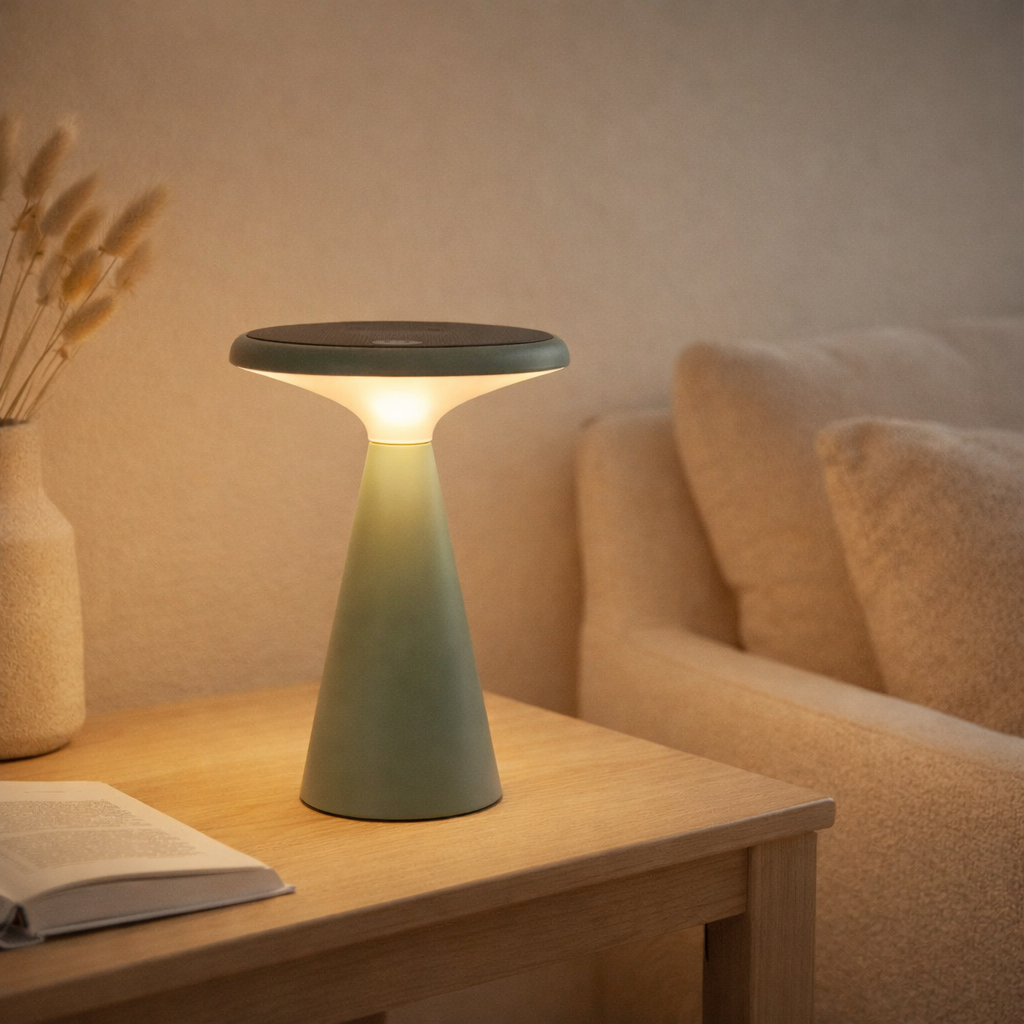 Lampe de table de batterie solaire Palu pour l'extérieur et à l'intérieur, en plastique en vert, 20 cm de haut en situation