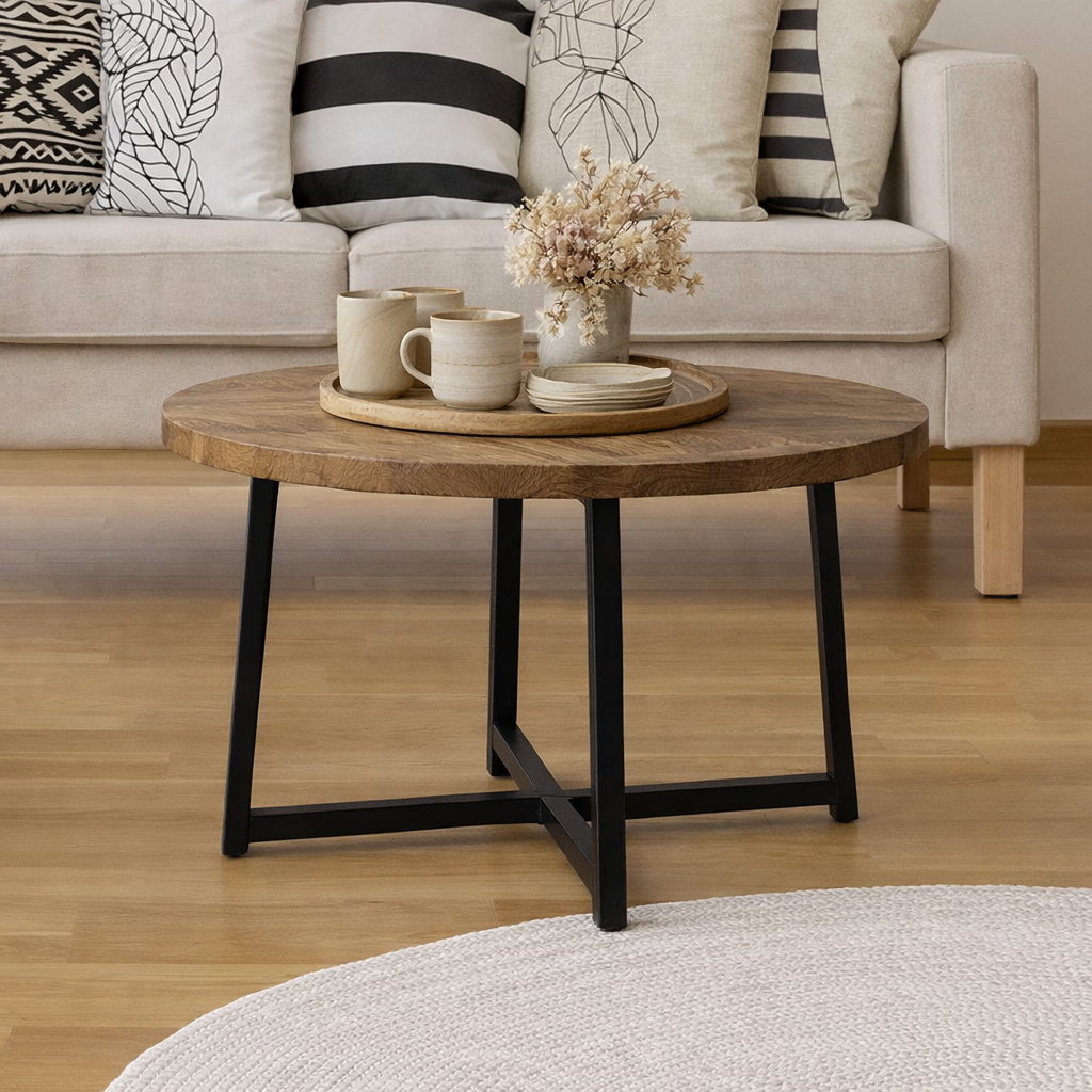 Table basse ronde 60 cm table de salon table d'appoint Cannes structure métal noir blanc argent antique en situation