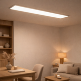 Panneau d'assemblage LED Nicola, lampe de montage en métal et en plastique avec des LED fermement construites en blanc neutre, panneau pour l'intérieur 119,5 x 29,5 cm en situation