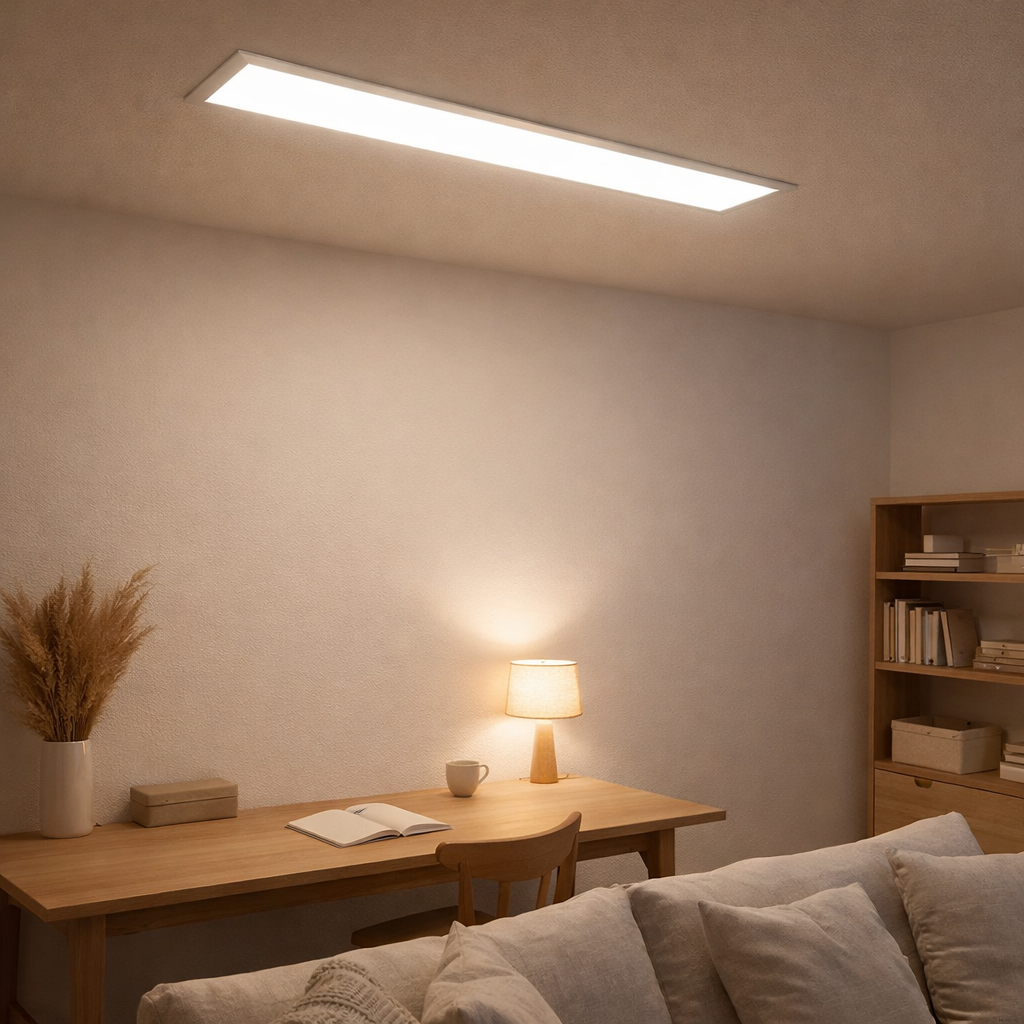 Panneau d'assemblage LED Nicola, lampe de montage en métal et en plastique avec des LED fermement construites en blanc neutre, panneau pour l'intérieur 119,5 x 29,5 cm en situation