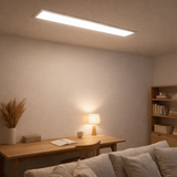 Panneau d'assemblage LED Nicola, lampe de montage en métal et en plastique avec des LED fermement construites en blanc neutre, panneau pour l'intérieur 119,5 x 29,5 cm en situation