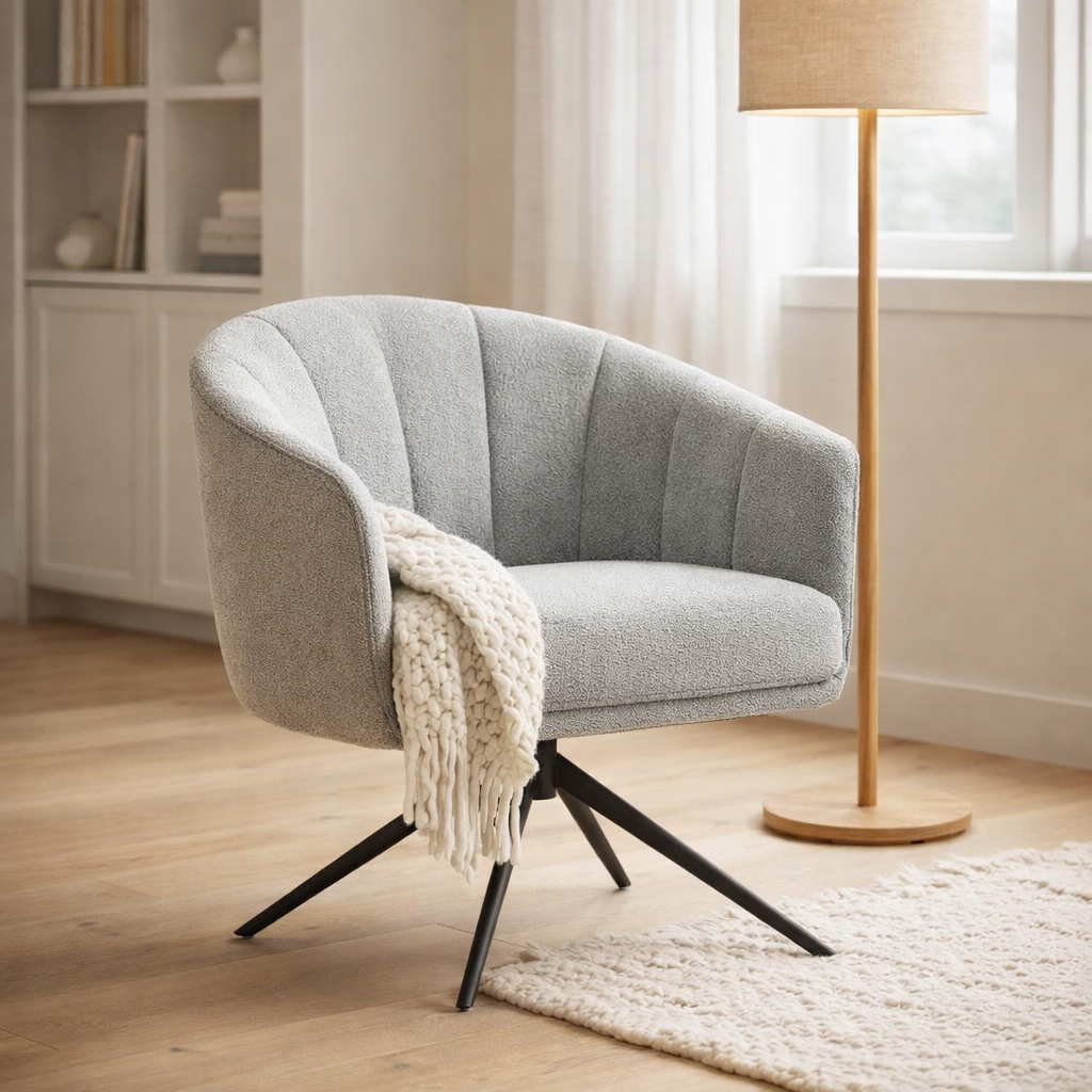 Fauteuil Cocoon Tissu Sahara Gris - Piètement Rotatif 360 Noir en situation