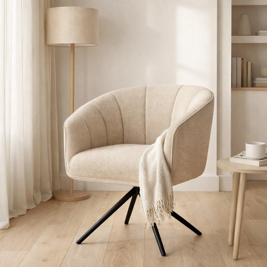 Fauteuil Cocoon Tissu Sahara Lin - Piètement Rotatif 360 Noir en situation