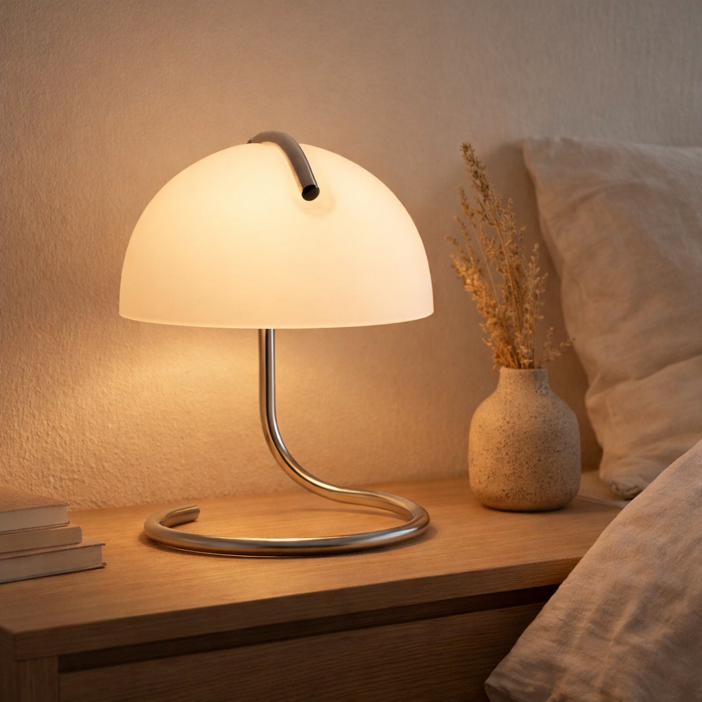 Lampe de table Burano blanc, env. 25 cm de haut, Ø 23,5 cm, en métal et en verre noir color en chrome, E27. en situation