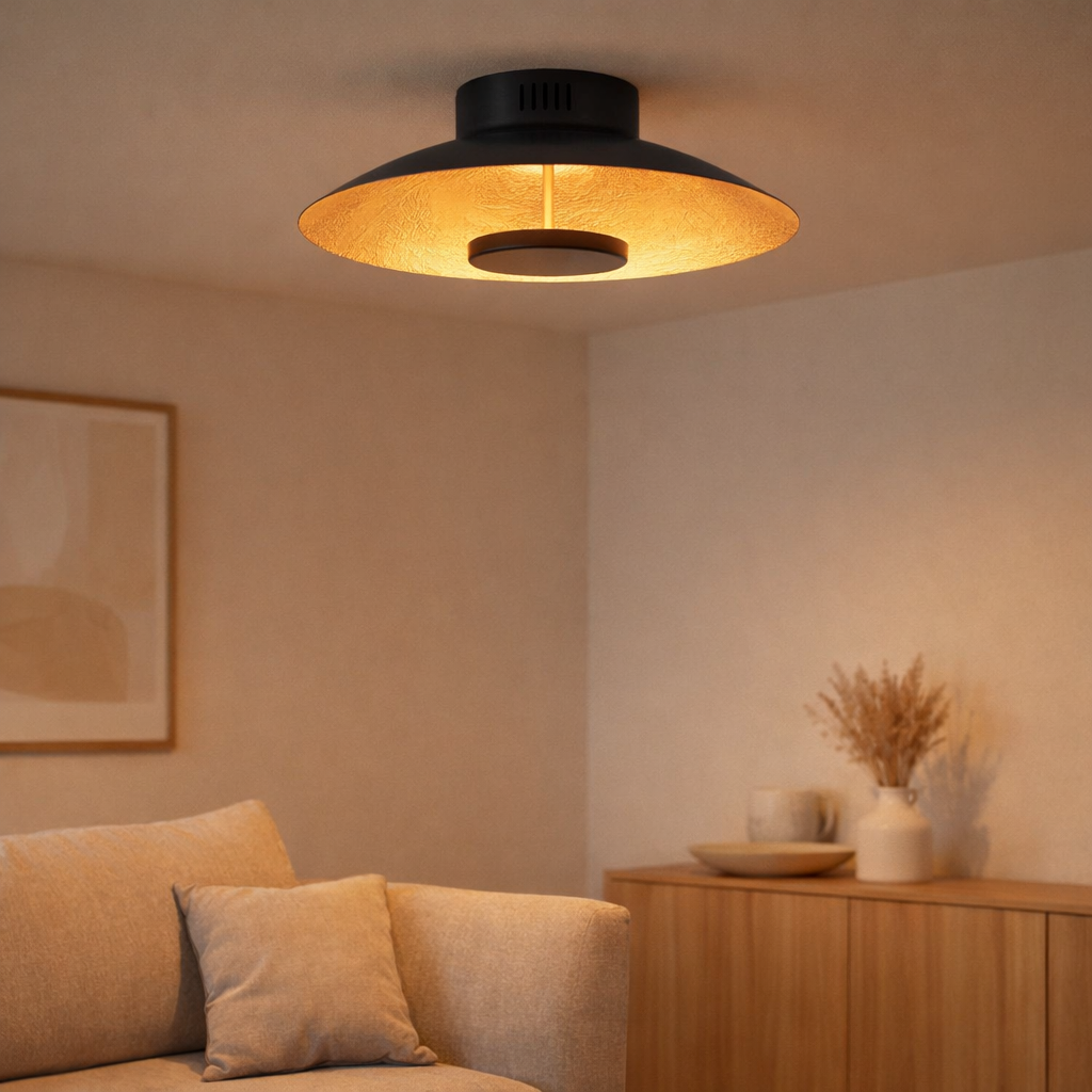Lampe plafond LED Firenze lampe au plafond métallique en noir et or, LED fermement installée, éclairage pour le salon, le bureau ou la tige d'entrée de 30 cm de diamètre en situation