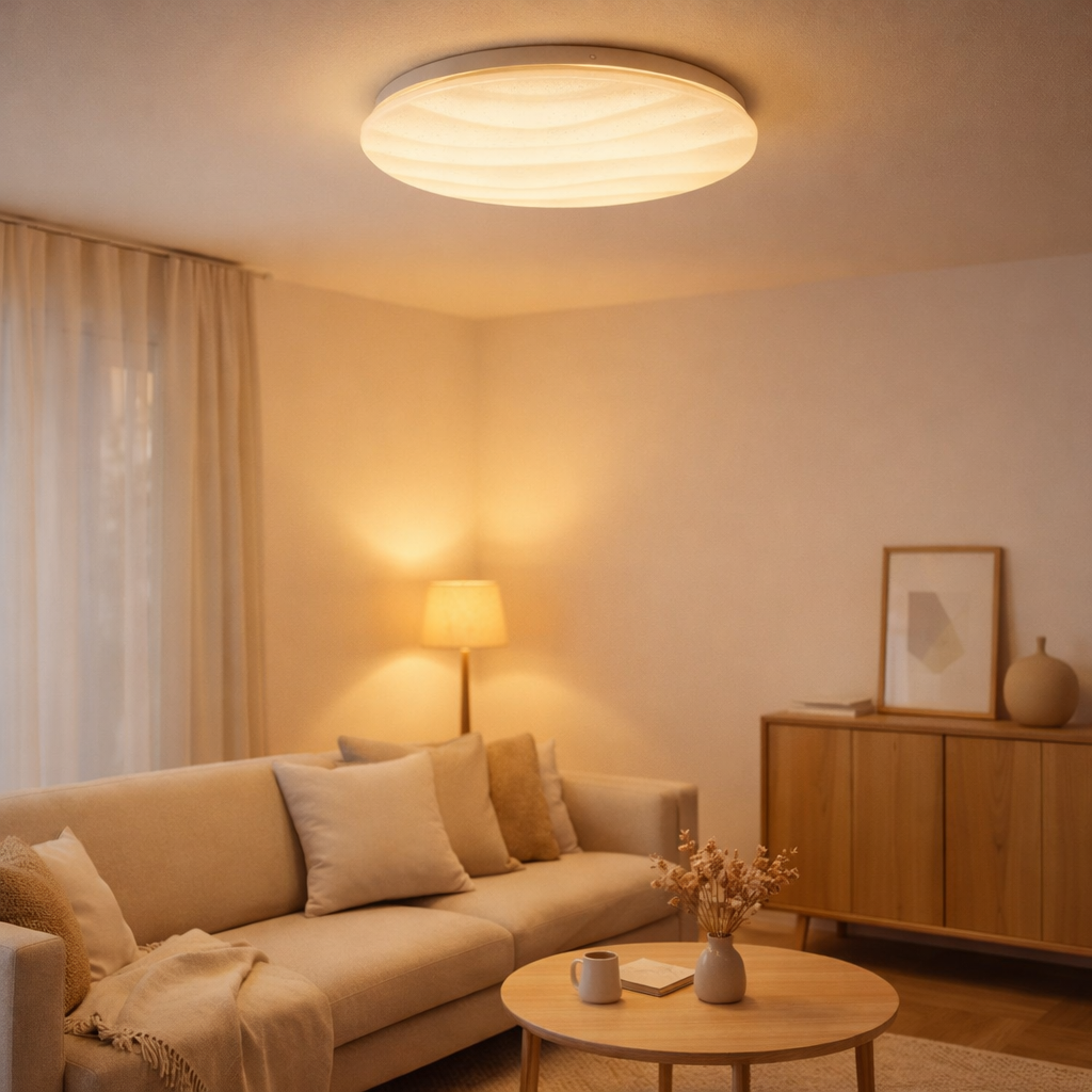 Lampe à plafond à LED de maison intelligente Austin avec un effet cristallin, de nombreuses fonctions, en métal et en plastique, blanc, avec des LED intégrées, un éclairage pour le salon ou le bureau en situation