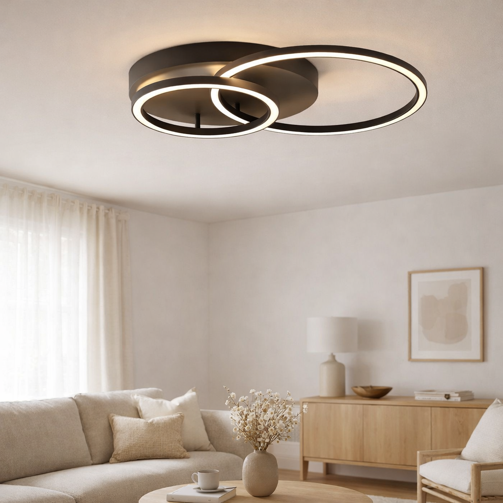 Le plafond LED Kirk, en métal en noir, LED intégré, éclairage pour le salon, le bureau ou l'espace d'entrée en situation