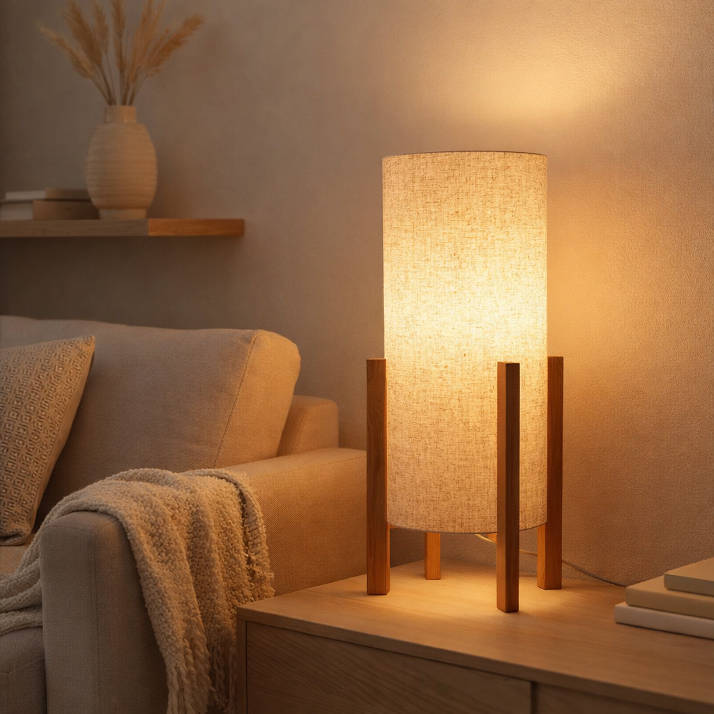 Lampe de table Matilda lampe de table classique avec apparence naturelle à travers le bois et l'écran de tissu, socket E27, 52 cm de haut en situation