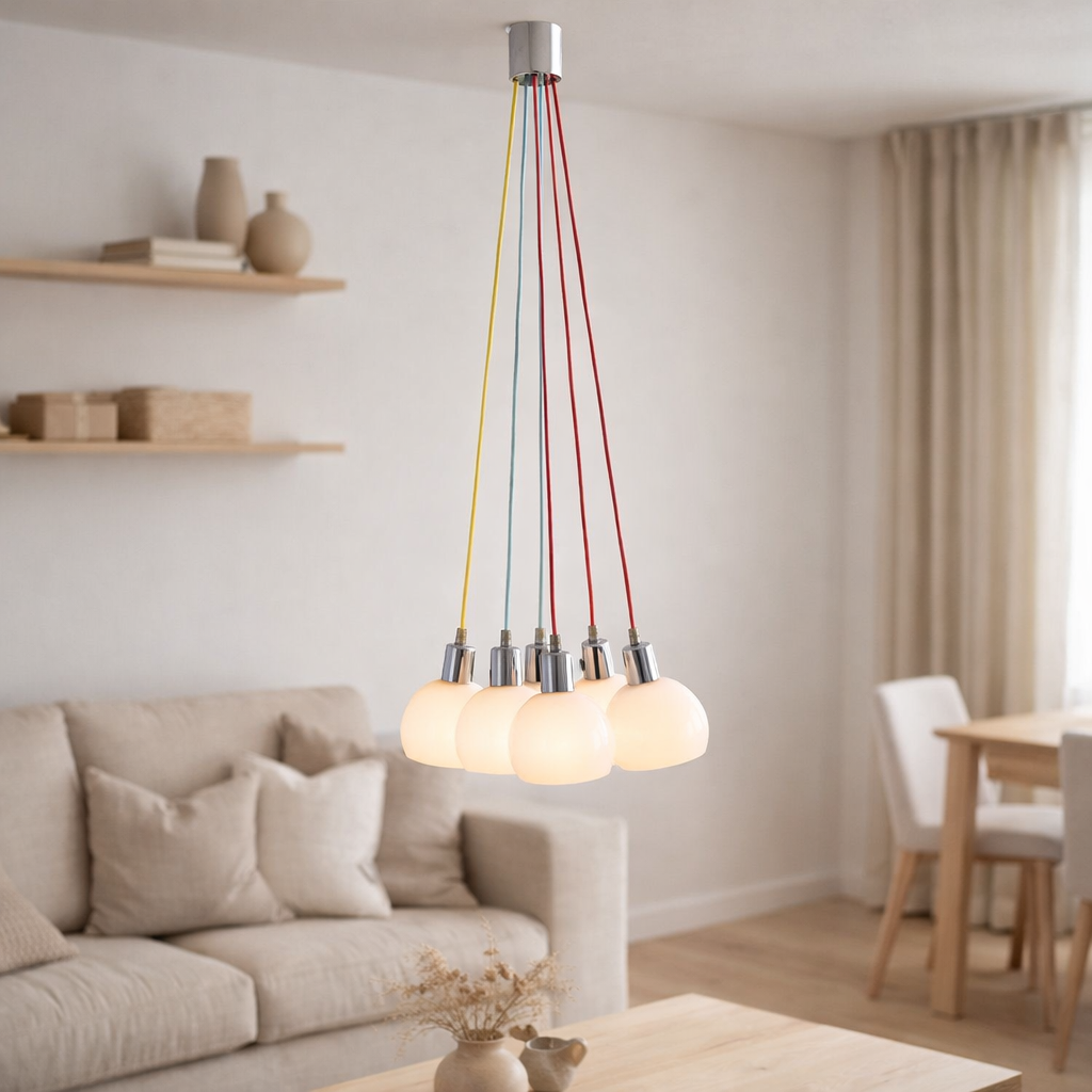 Pendante arc-en-ciel un total de 120 cm de haut, 7 écrans en verre Ø 16 cm, en métal de couleur chromée, en verre blanc opal et approvisionnement coloré, versions E14 en situation