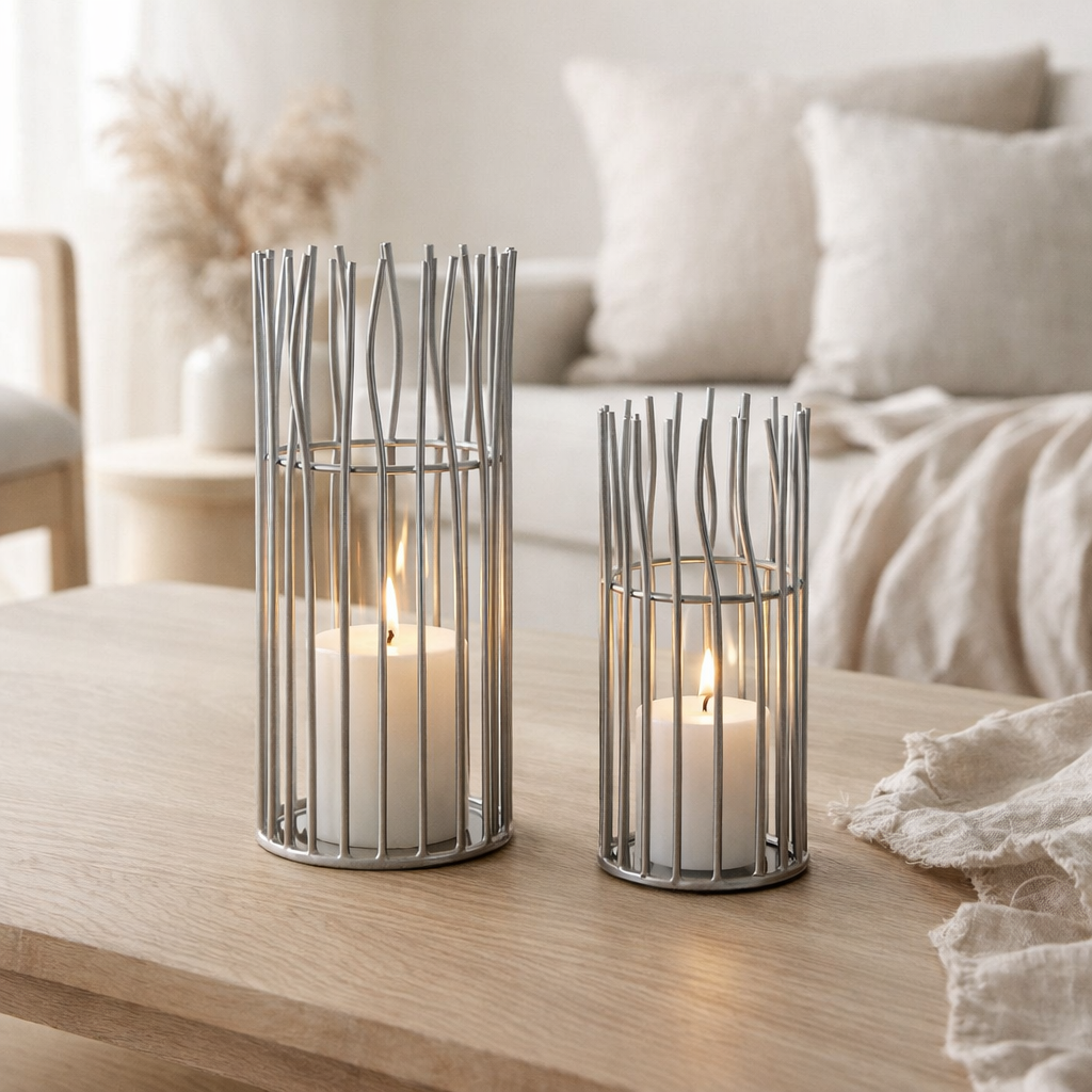 Candle Holder Set en 2 parties Porte-toile de vent Luver Lument Loft Black ou Silver Candlestick Lanterns en situation