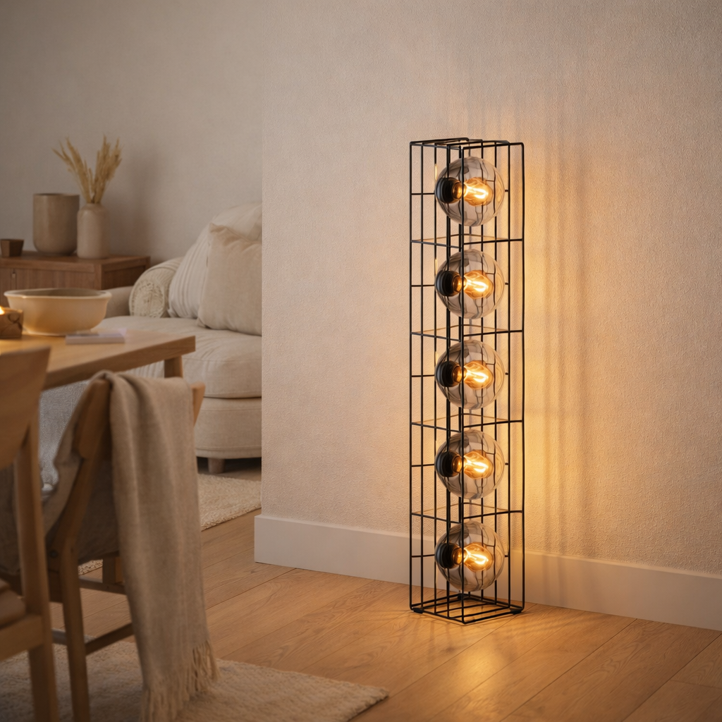 Lampe de lampe en verre Cesta lampadaire en fil de métal noir et verre teinté, avec douille E27, 95 cm de haut, pour salle à manger, salon, couloir ou bureau, en situation