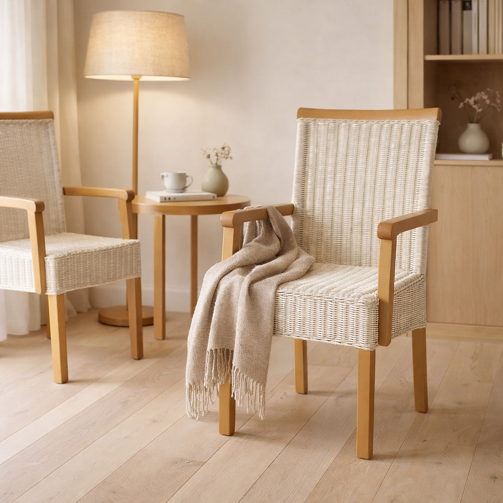 Chaise de salle à manger Ensemble avec accoudoirs 4 morceaux de chaises de rotin chaise blanche Perth fauteuil durable en situation