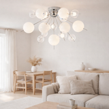 Plafond explosion blanc en métal et en verre, versions G9, plafond pour salle à manger, salon, couloir ou bureau, Ø57 cm en situation