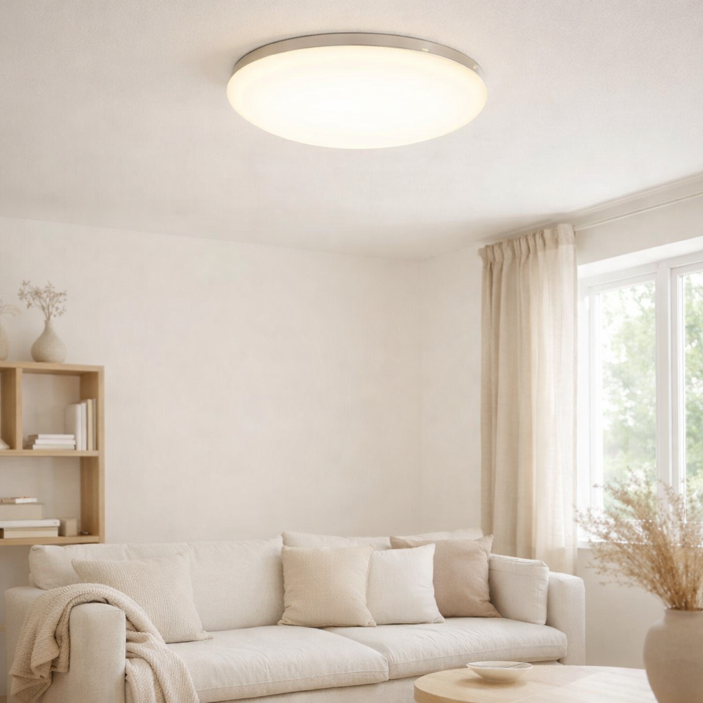 Plafond LED en métal et en verre en blanc, avec des LED-in Fermement construites Ø Env. 34 cm. en situation