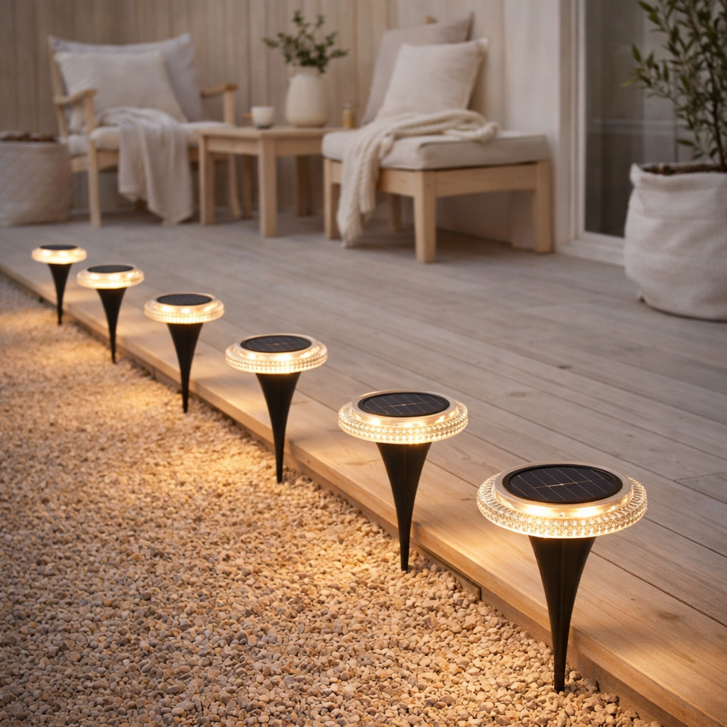 6 Set Solar-Boden-Sprießleucht Ø Env. 11,2 cm, plastique noir, capteur crépusculaire, pour l'entrée, la terrasse et les chemins en situation