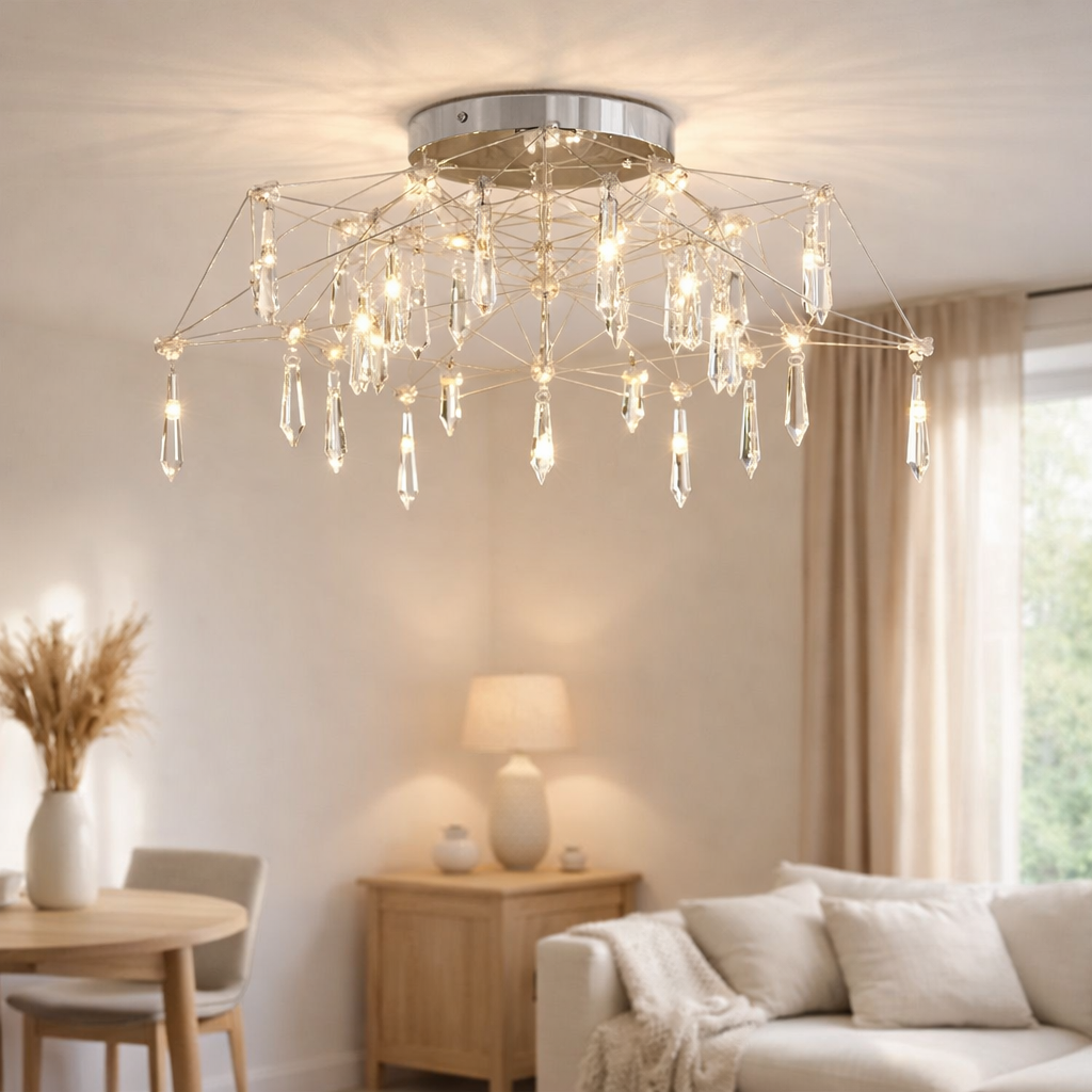 Plafond LED Araneus en métal et verre en chrome, Ø 55 cm, avec des LED fermement construites, éclairage pour le salon, la salle à manger, le couloir ou le bureau en situation