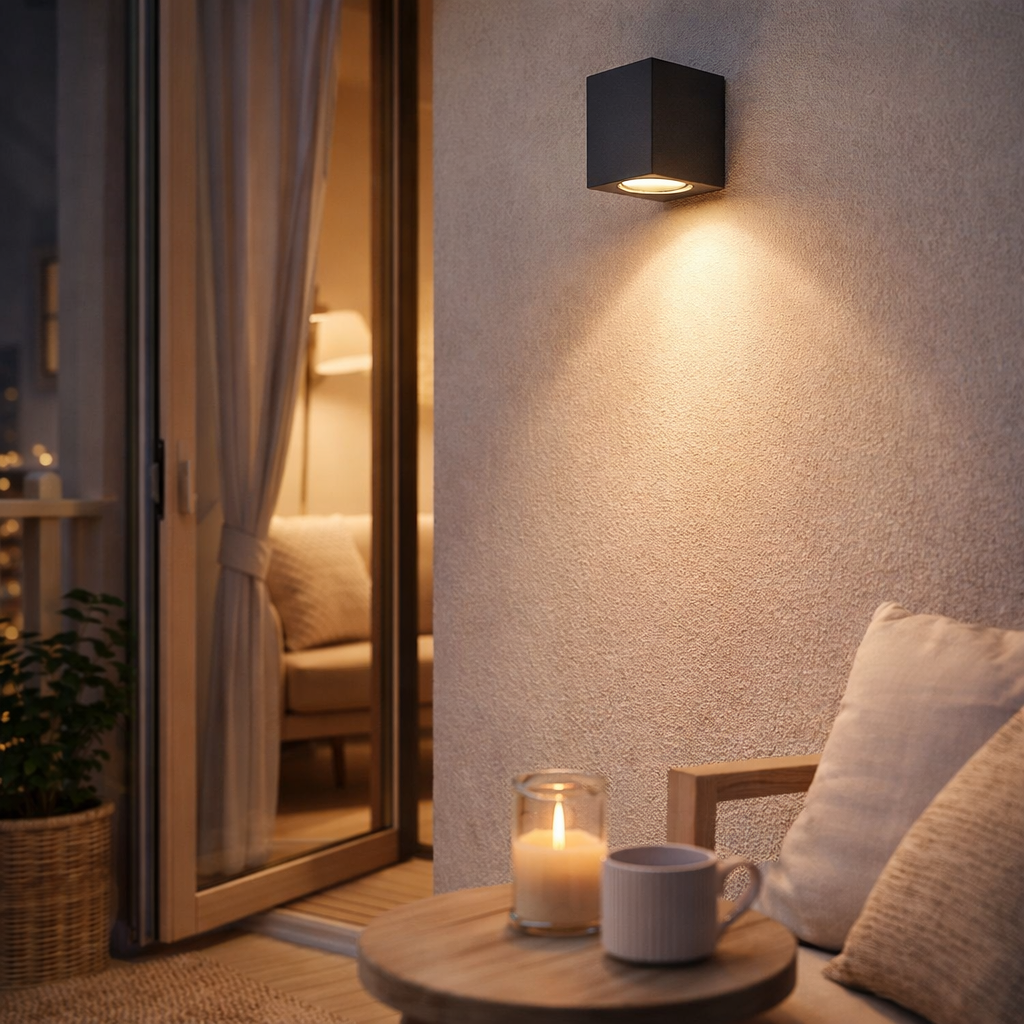 Lampe murale extérieure Cubus, en métal et en verre en anthracite, socket gu10 en situation