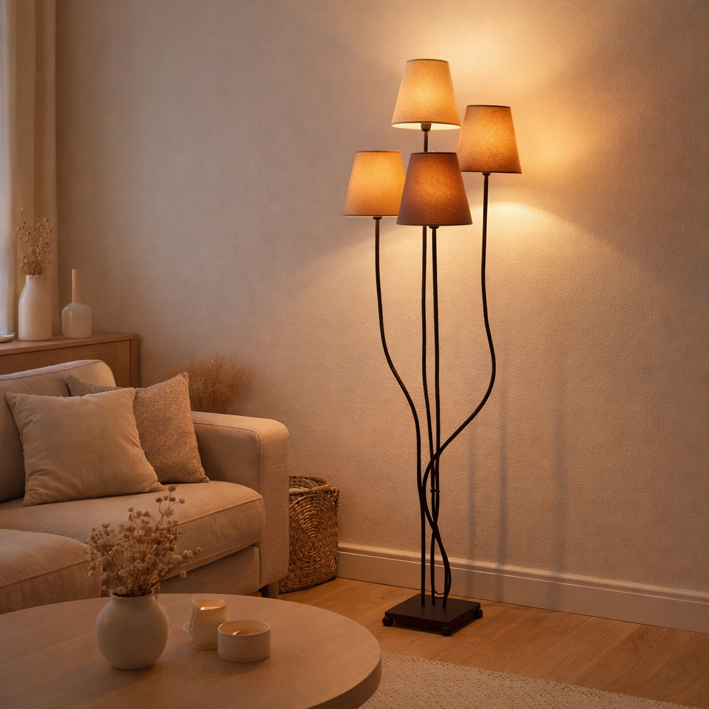 Lampe debout textile Boho, lampadaire en beige / marron, avec une douille E14, pour salle à manger, salon, couloir ou bureau, 138 cm de haut en situation