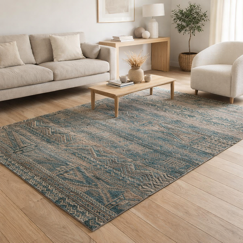 Tapis Eco - Zemmuri Bleu - Tapis marron et bleu en situation