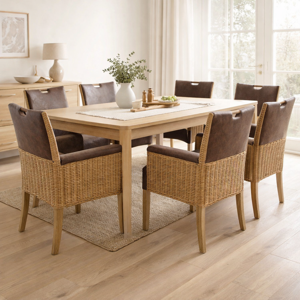 Chaise de chaise en rotin ensemble 6 pièces rembourrées avec des accoudoirs darwin salle à manger rembourrée optique en cuir tapissé en situation