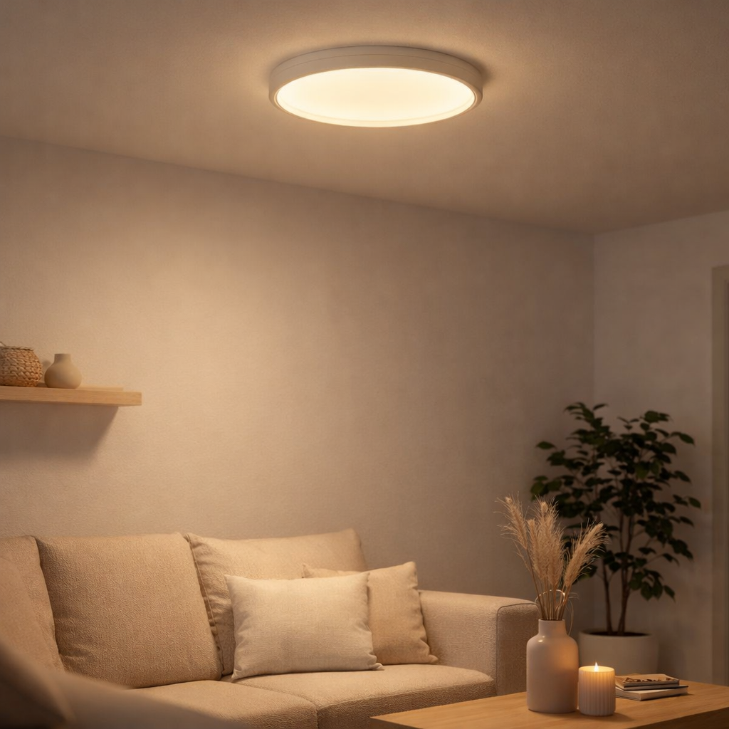 LED PLADIER LAX BONUS Ø29 cm, installation et structure de lampe fonctionnelle possibles, lampe de plafond en métal et en plastique en blanc, avec des LED fermement installées, y compris le changeur de couleur CCT en situation