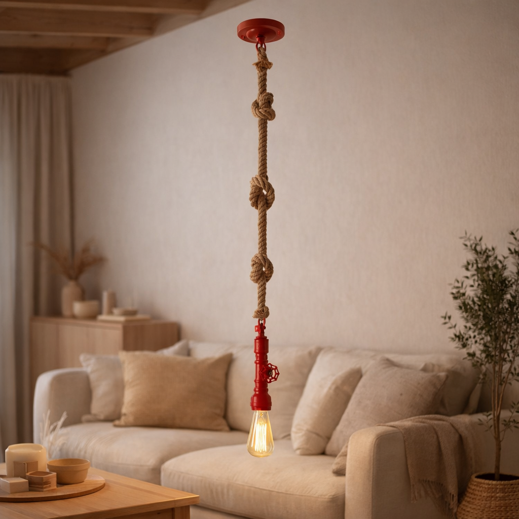 Pendent lampe Regia, métal rouge, corde de chanvre, version E27, éclairage pour le salon, salle de jeunesse ou bureau en situation