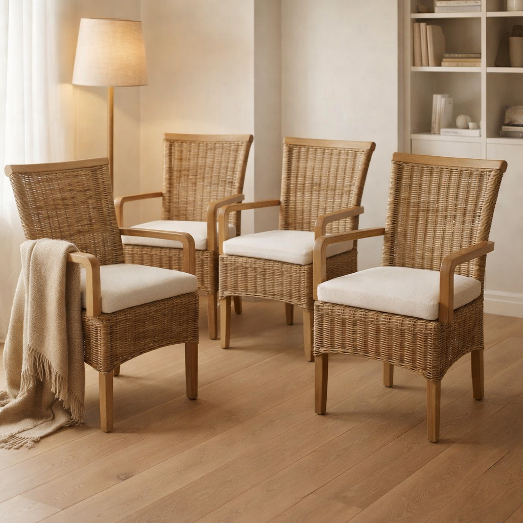 Chaises de salle à manger Ensemble avec des accoudoirs 4 morceaux de chaises de rotin brun Perth grignoter les fauteuils durables en situation