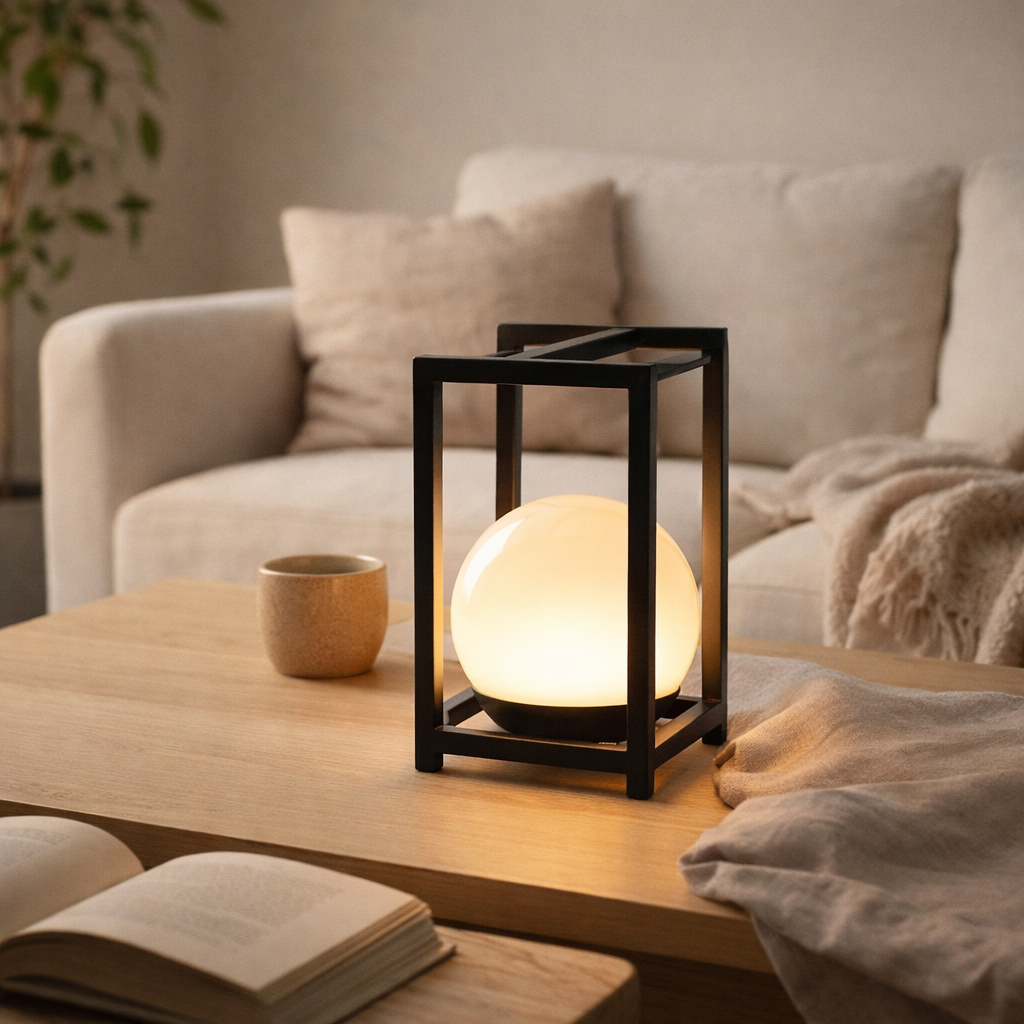 LED Decol Light Potaton pour balcon et terrasse, lampe de table de décoration en métal et en plastique en noir, les LED fermement construites, 30 x 16 x16 cm en situation