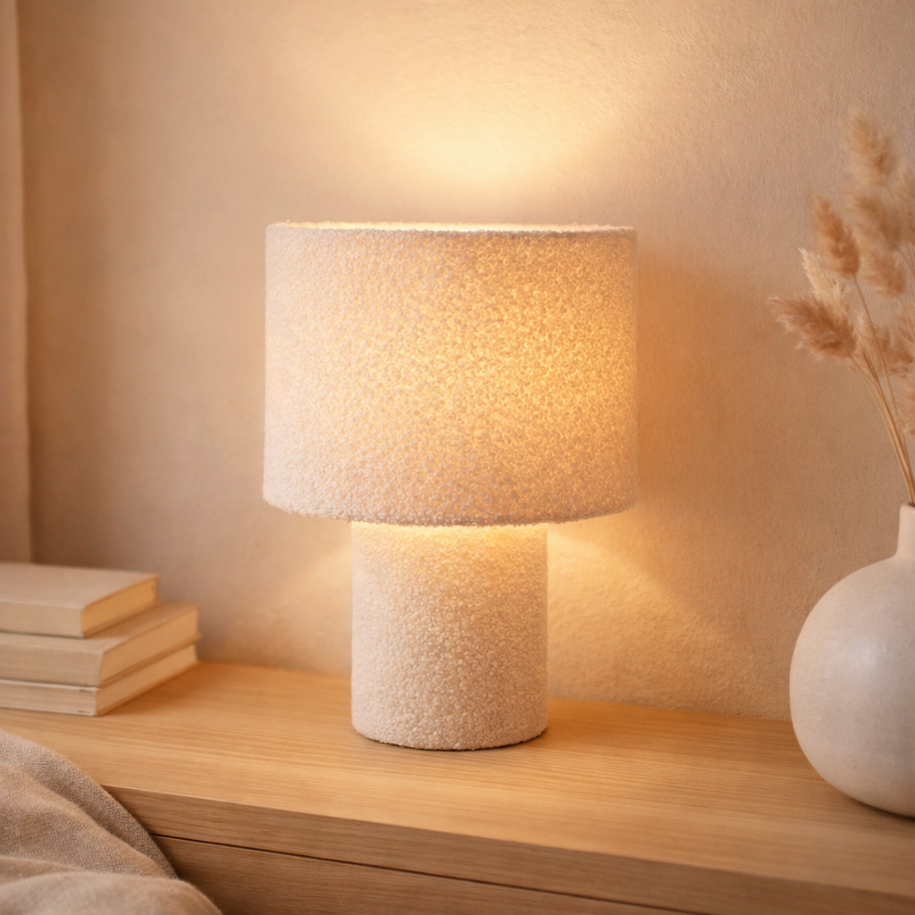Lampe de table duveteuse avec des lames de texte et du pied en blanc, E27, env. 31 cm de haut en situation