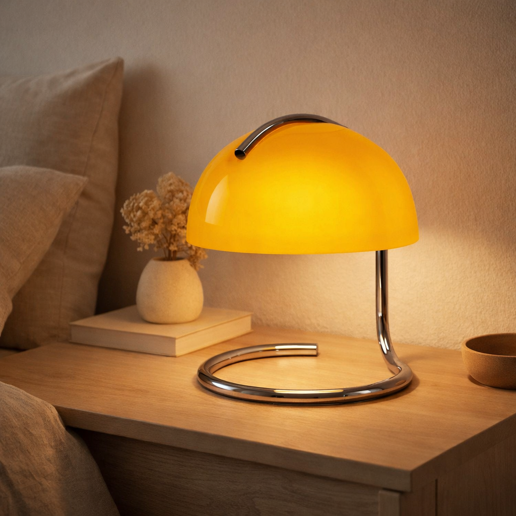 Lampe de table Burano jaune, env. 25 cm de haut, Ø 23,5 cm, en métal et en verre jaune en chrome, E27. en situation