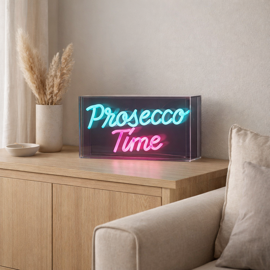 Décoration de Time du Prosecco LED Light pour 30 x 15 cm, en bleu et en magenta-rouge en situation
