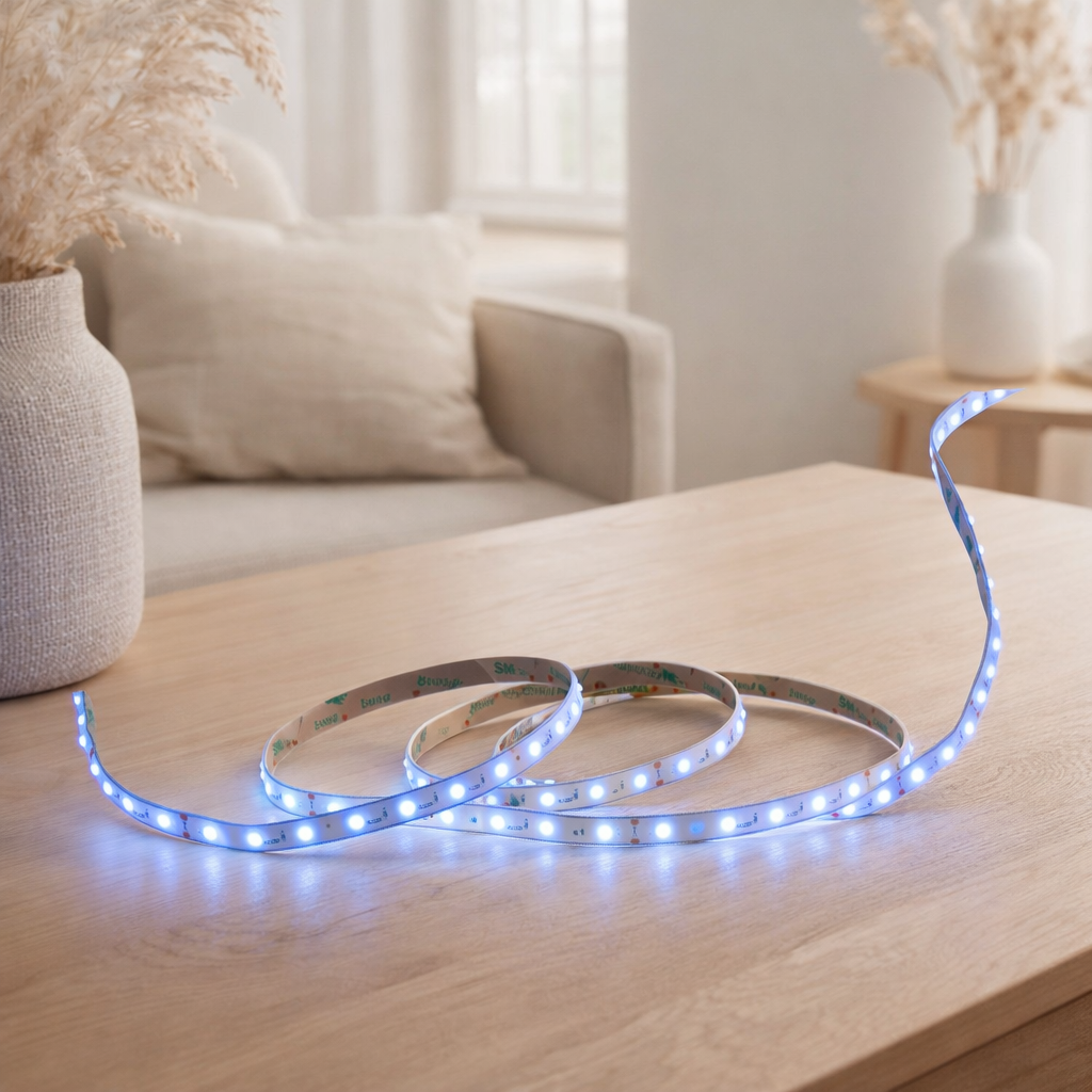 LED Stripe env. 5 m de long, avec 2 liants flexibles et alimentation en fiche; 300 LED, bleu. en situation
