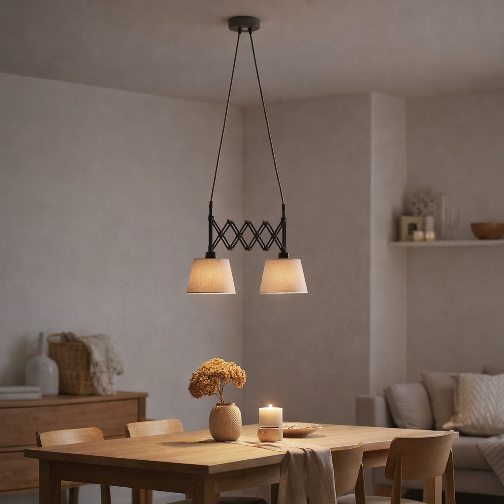 Ciseaux Pendant lampe Adrianne, largeur extensible de 35-57 cm, en métal brun avec parasols textiles de couleur naturelle, versions E27, éclairage pour le salon, la salle à manger ou le bureau en situation