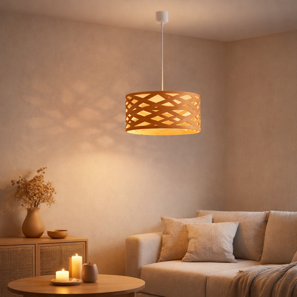 La lampe pendentielle Finja en plastique / holzimitation de couleur naturelle, avec version E27 et un Øvon 40 cm, éclairage pour le salon, la salle à manger ou le couloir. en situation