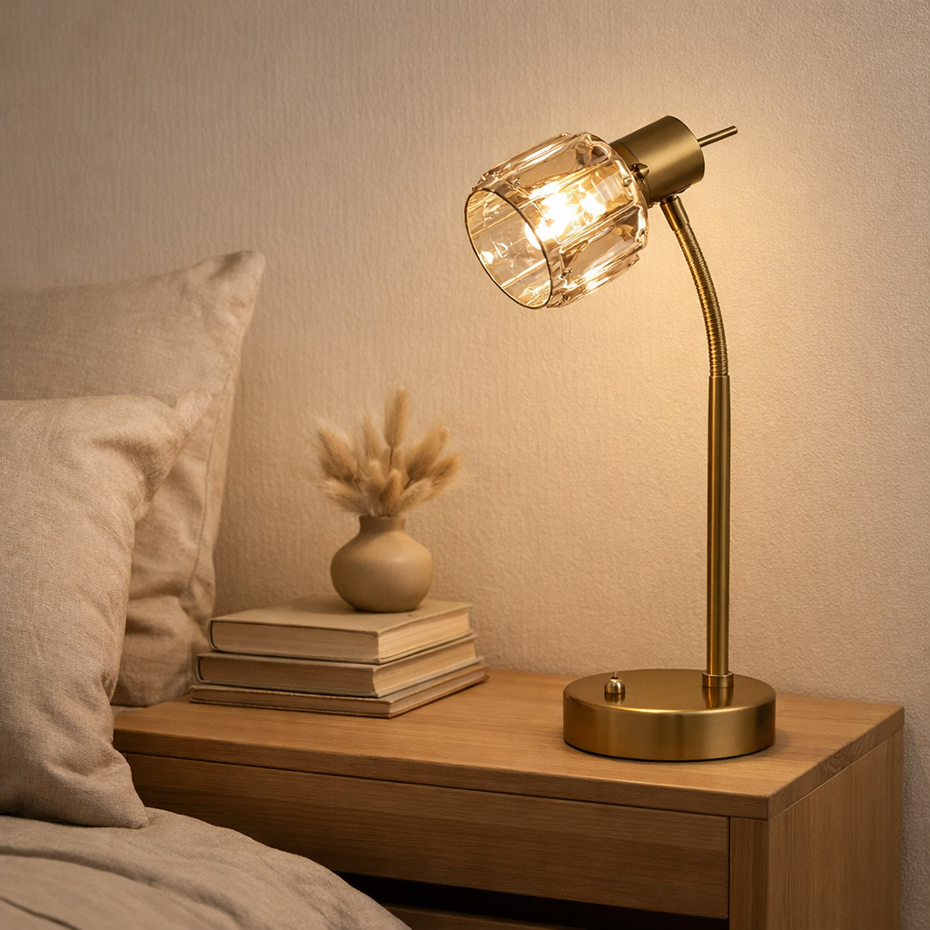 Lampe à table à LED Josefa, lampe de table en or et verre en or, avec douille E14, pour salle à manger, salon, couloir ou bureau, pour le salon, la salle à manger ou comme lampe de chevet, 34,5 x 17,5 cm en situation