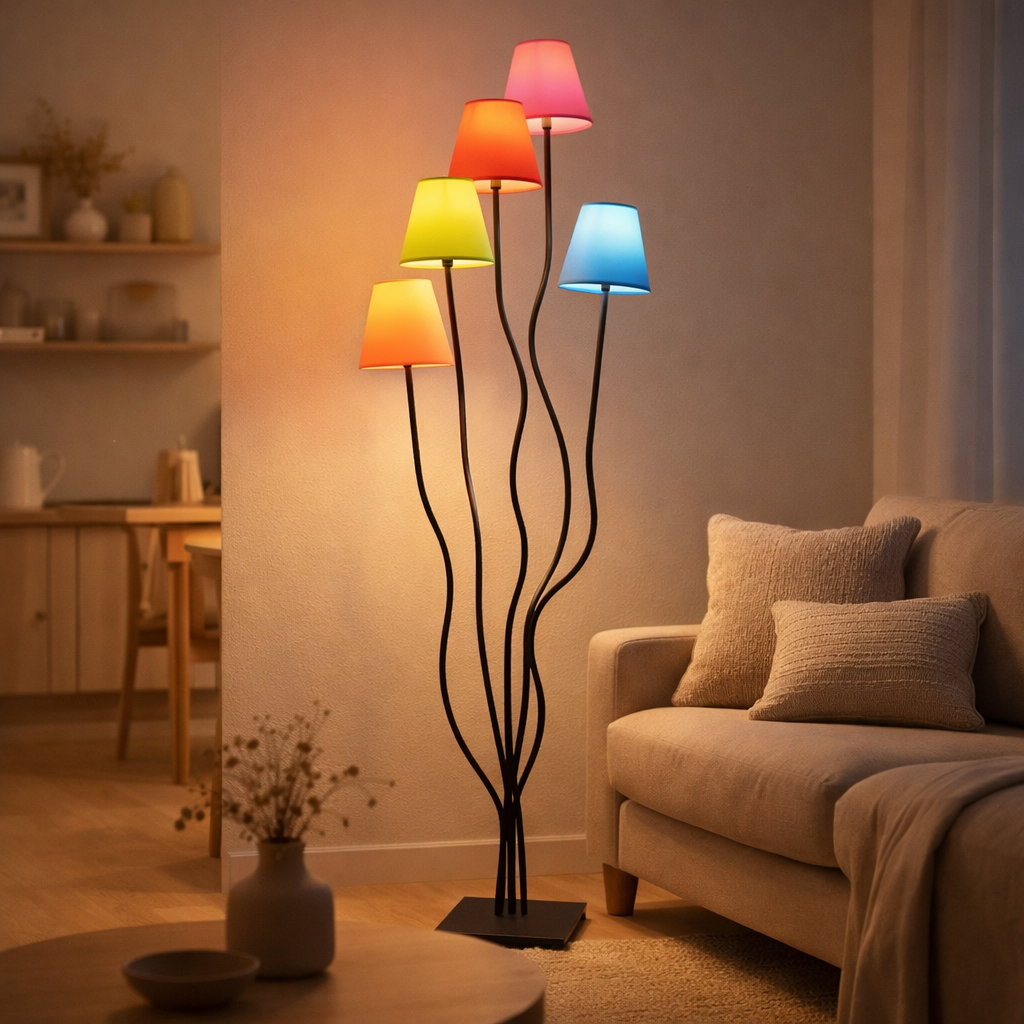Lampe debout colori, lampadaire avec parapluies textiles colorés, avec version E14, pour salle à manger, salon, couloir ou bureau, 156 cm de haut en situation