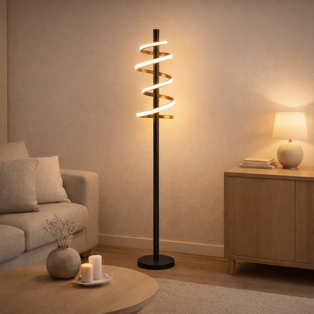LED lampe debout Belleza, lampadaire en métal moderne et le plastique en noir, or et blanc, avec des LED fermement intégrées, 140 haut, éclairage pour le salon, la salle à manger, la chambre ou le bureau. en situation