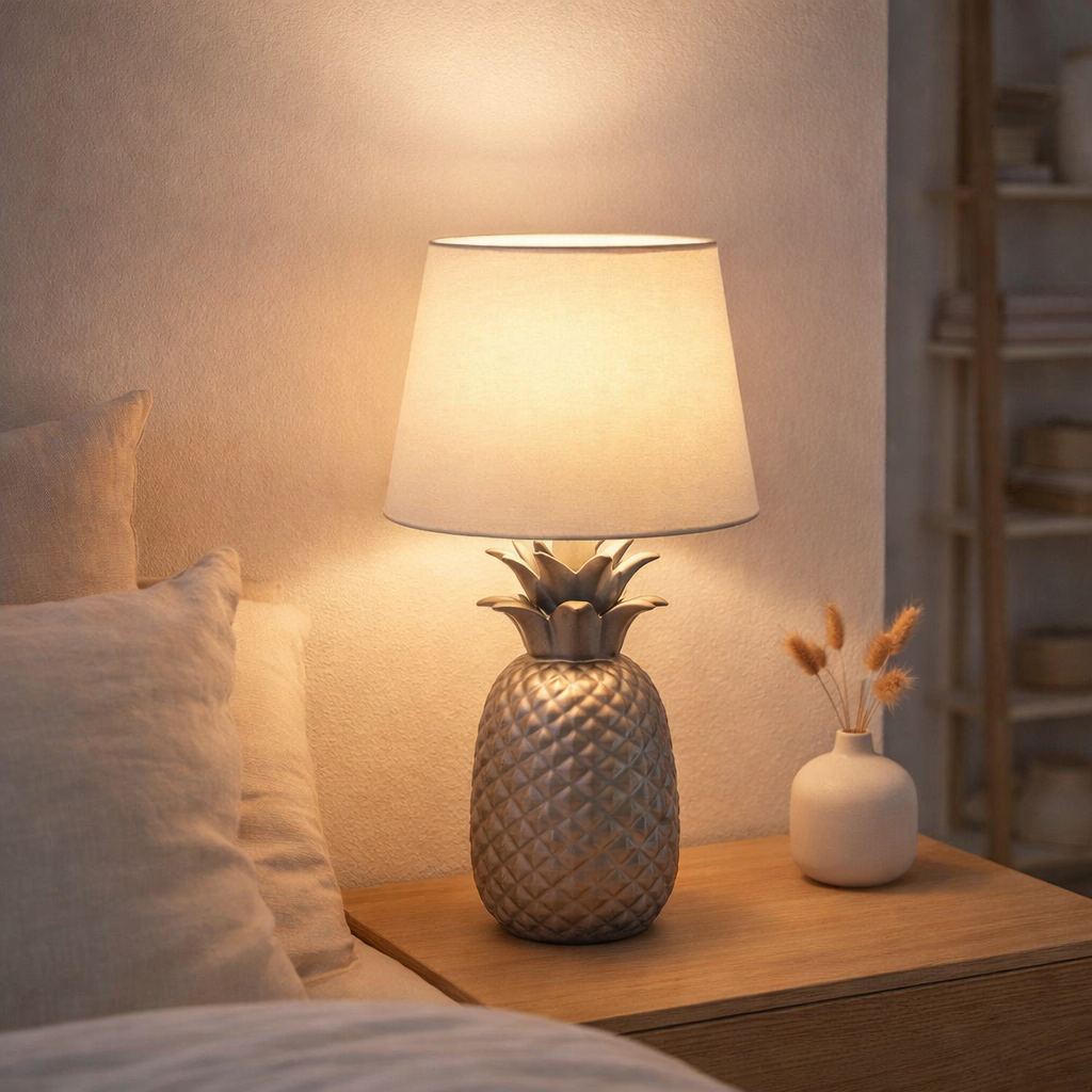 Table en céramique Pineapple, lampe de table en céramique avec glaçure de couleur argentée et écran de tissu blanc, avec douille E14, pour salle à manger, salon, couloir ou bureau, lampe de table de 45 cm de haut en situation